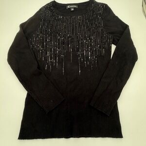 INC International Concepts Black Ribbed Sequin Long Sleeve Sweater Top PL EUC